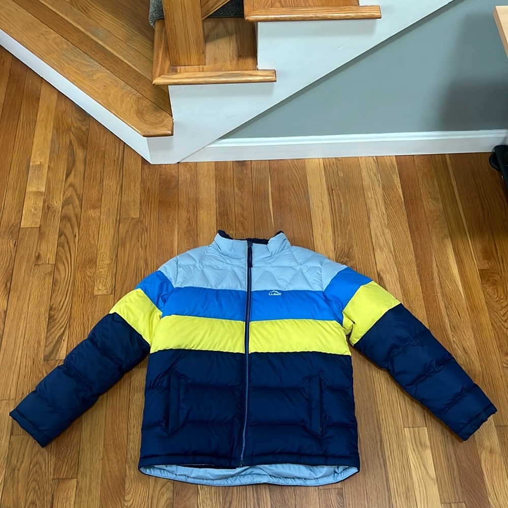 LL Bean kids down jacket colorblock size 18 XL blue-yellow stripe